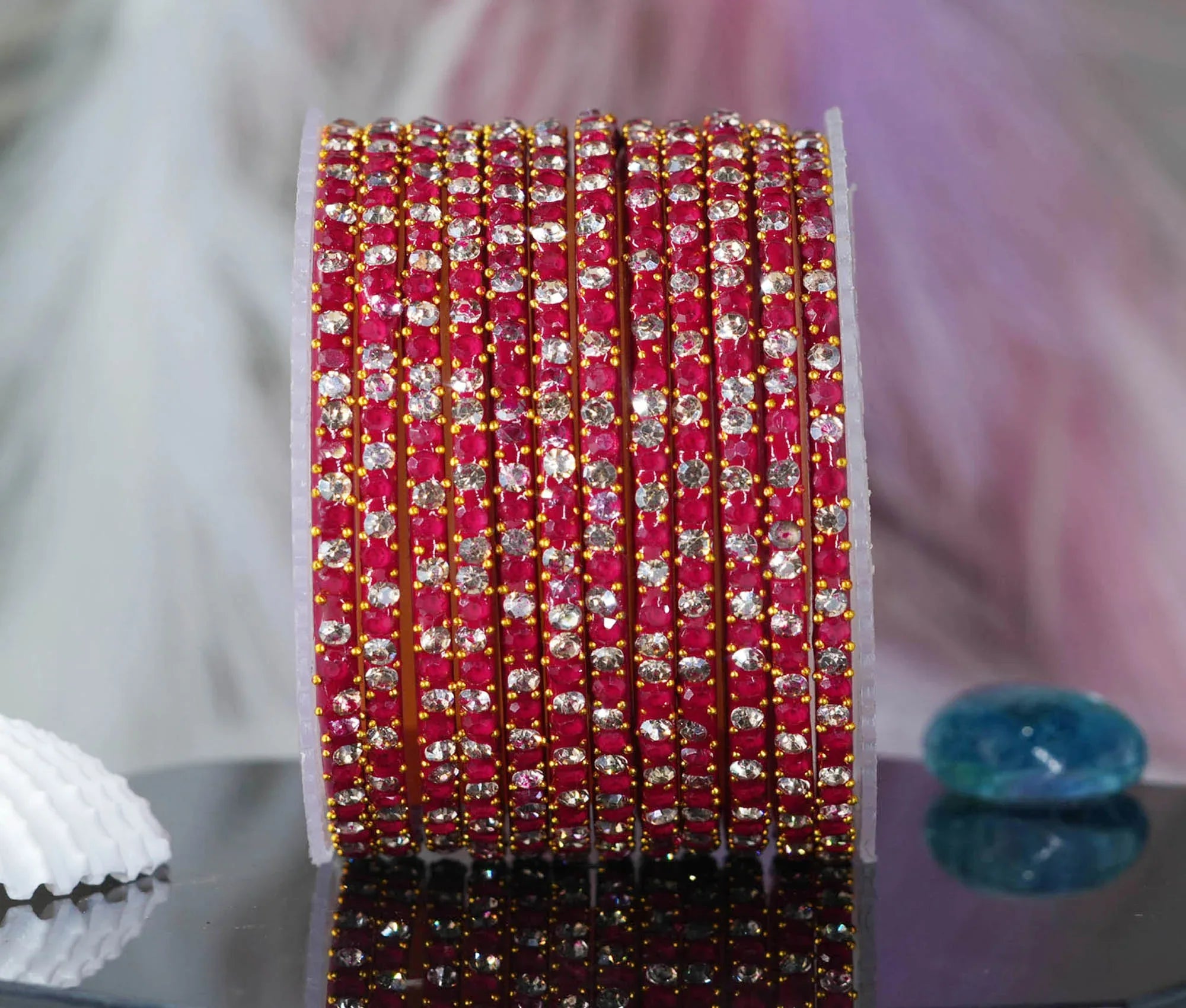 Glass Bangle with Beads Studded for Women & Girls (Pack 12 Bangles) - The Golden Cascade